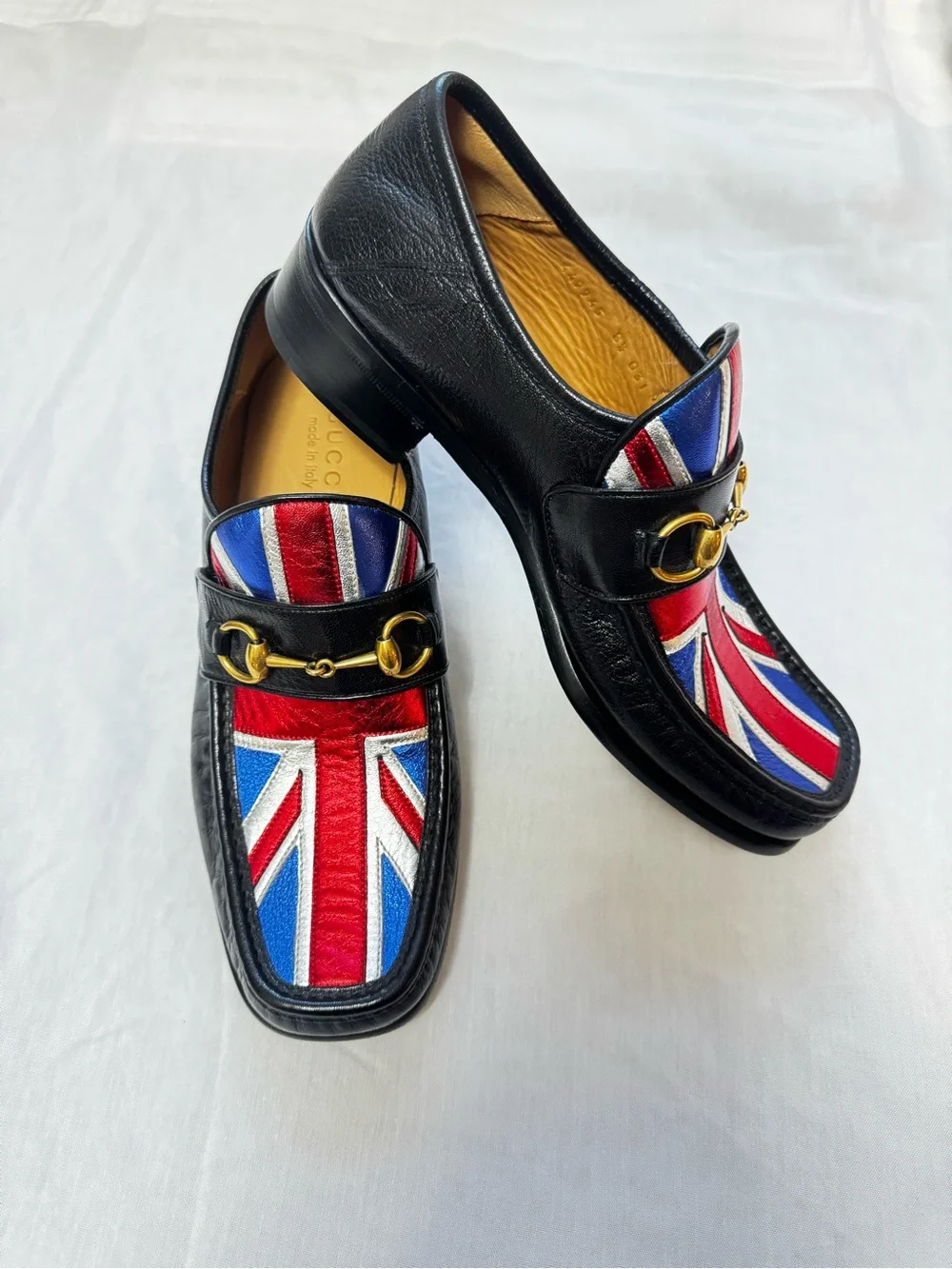 Gucci Black Leather Loafers with Red & Blue Union Jack Detail